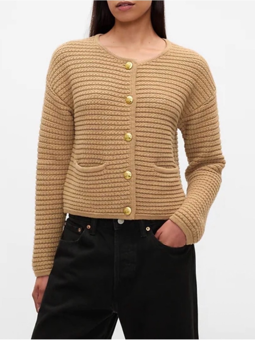 GAP Camel Brown Textured Sweater Lady Jacket Cardigan Preppy Old Money Boxy Boho